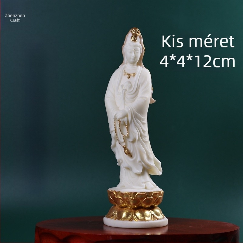 Guanyin Bodhisattva szobra lótusz trónon, kezében rózsafüzér