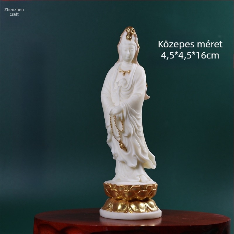 Guanyin Bodhisattva szobra lótusz trónon, kezében rózsafüzér