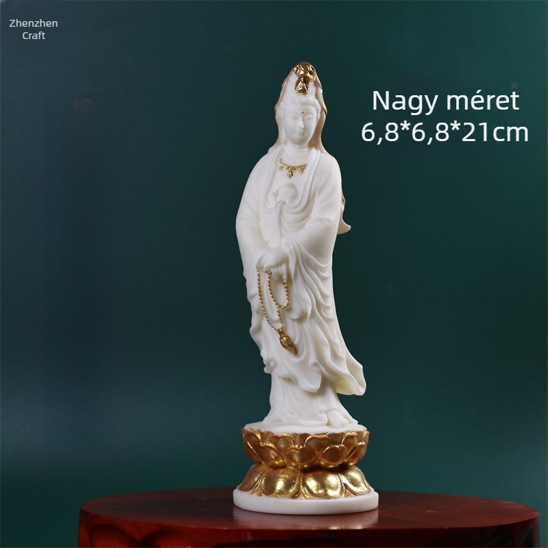 Guanyin Bodhisattva szobra lótusz trónon, kezében rózsafüzér