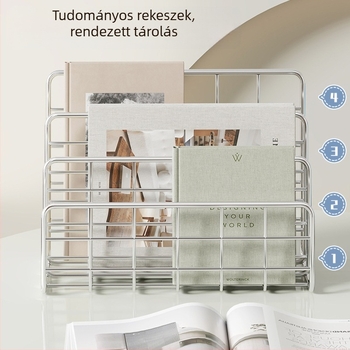Asztali könyv- és magazinszervező többszintes rekeszekkel a dokumentumok rendezéséhez