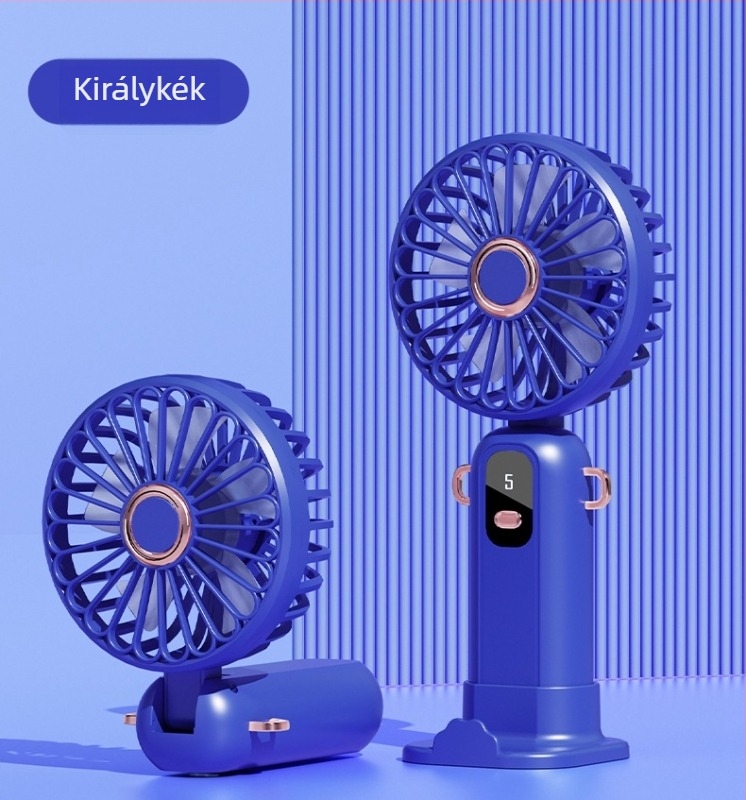 USB-töltésű kézi mini asztali ventilátor, összecsukható, 4-in-1, 5 lapát, 5 sebesség, beépített 1000–1200 mAh-s akkumulátor, súlya 170 g, méretek 200×90×45 mm.