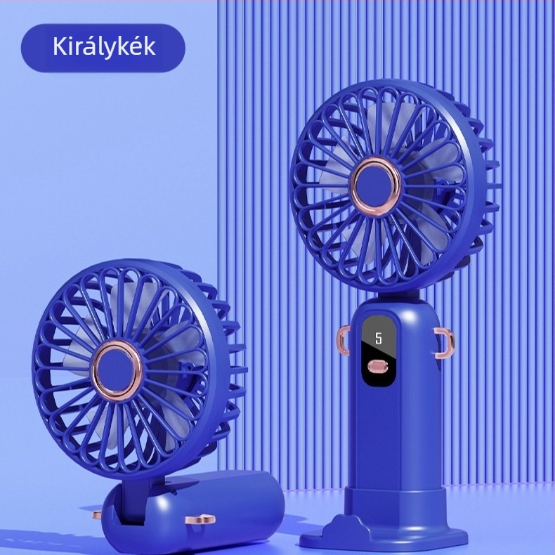 USB-töltésű kézi mini asztali ventilátor, összecsukható, 4-in-1, 5 lapát, 5 sebesség, beépített 1000–1200 mAh-s akkumulátor, súlya 170 g, méretek 200×90×45 mm.