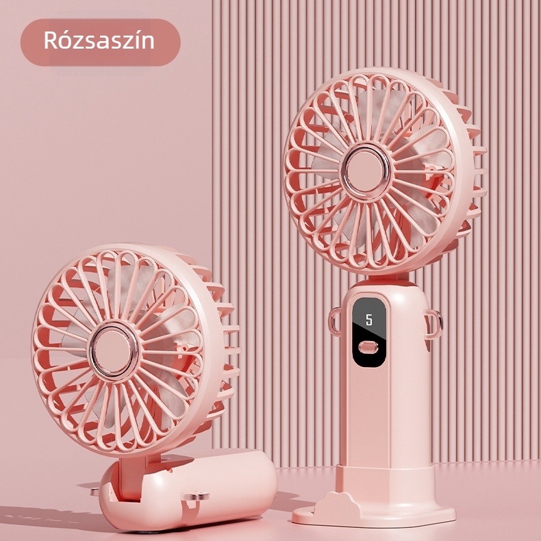 USB-töltésű kézi mini asztali ventilátor, összecsukható, 4-in-1, 5 lapát, 5 sebesség, beépített 1000–1200 mAh-s akkumulátor, súlya 170 g, méretek 200×90×45 mm.
