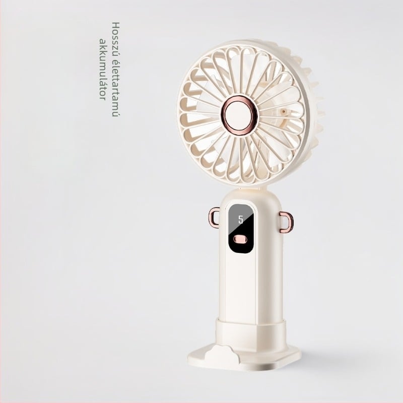 USB-töltésű kézi mini asztali ventilátor, összecsukható, 4-in-1, 5 lapát, 5 sebesség, beépített 1000–1200 mAh-s akkumulátor, súlya 170 g, méretek 200×90×45 mm.