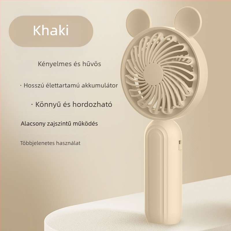 USB-töltésű kézi mini asztali ventilátor, összecsukható, 4-in-1, 5 lapát, 5 sebesség, beépített 1000–1200 mAh-s akkumulátor, súlya 170 g, méretek 200×90×45 mm.