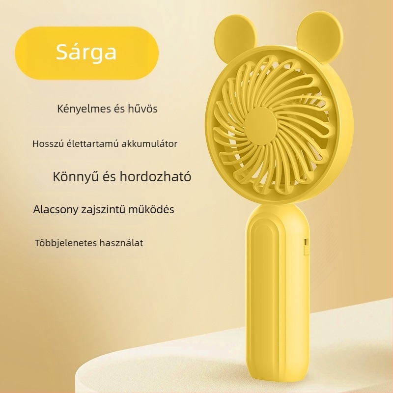 USB-töltésű kézi mini asztali ventilátor, összecsukható, 4-in-1, 5 lapát, 5 sebesség, beépített 1000–1200 mAh-s akkumulátor, súlya 170 g, méretek 200×90×45 mm.