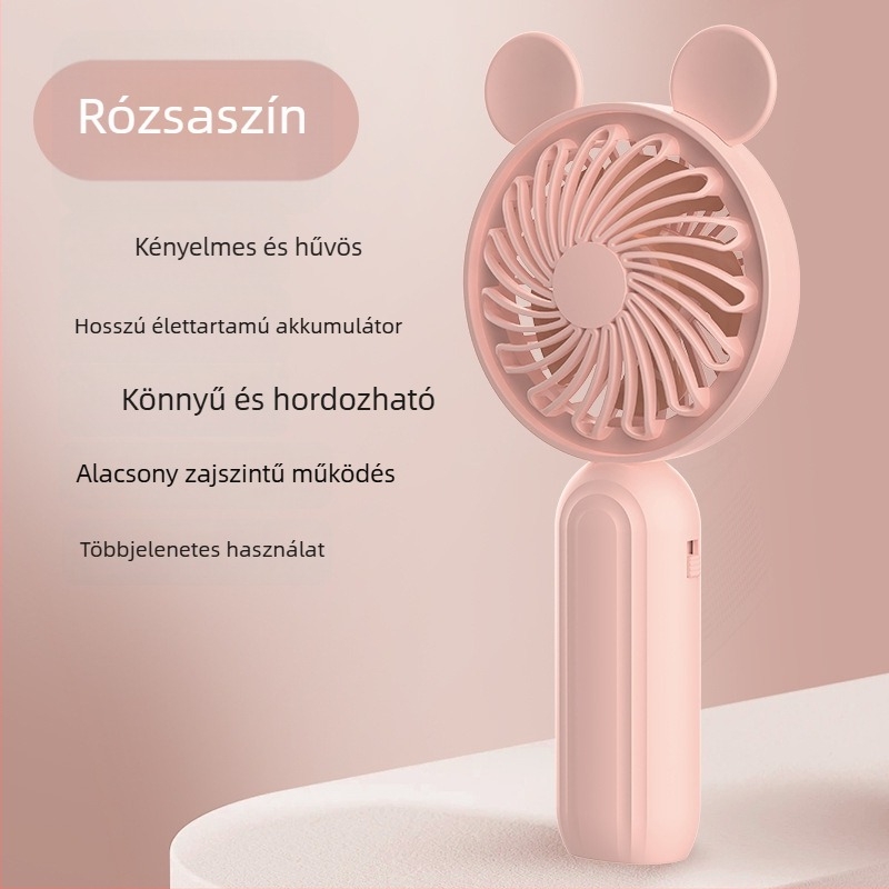 USB-töltésű kézi mini asztali ventilátor, összecsukható, 4-in-1, 5 lapát, 5 sebesség, beépített 1000–1200 mAh-s akkumulátor, súlya 170 g, méretek 200×90×45 mm.