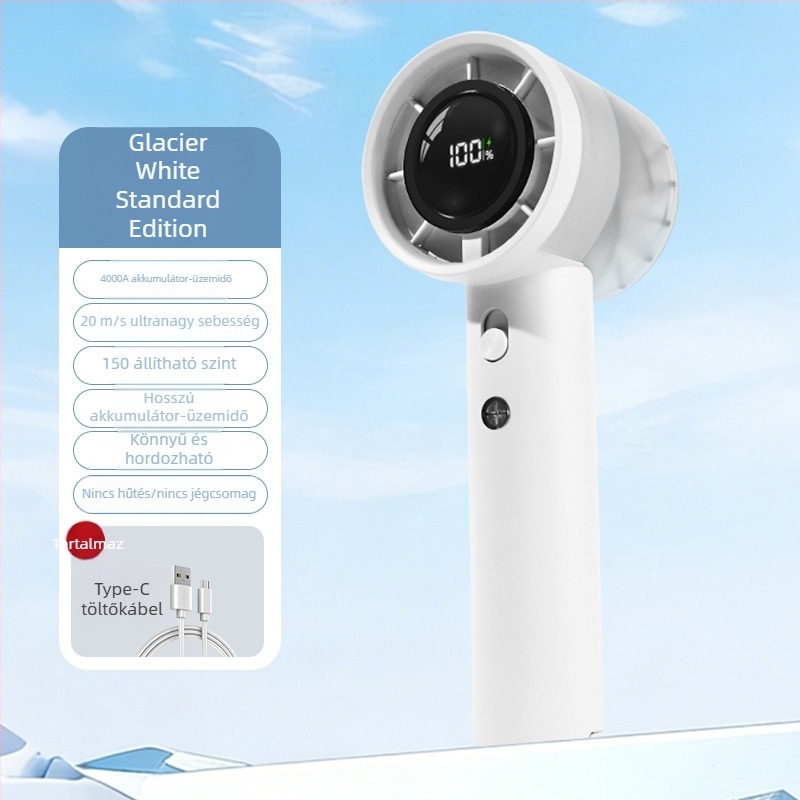 Mini kézi ventilátor, nagy sebességű turbina, 100 szintű lépcsőzetes szabályozás, beépített Li-ion akkumulátor 1200-2000 mAh, USB tápegység