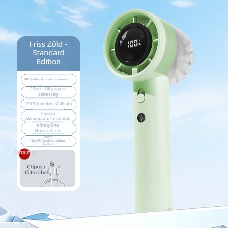 Mini kézi ventilátor, nagy sebességű turbina, 100 szintű lépcsőzetes szabályozás, beépített Li-ion akkumulátor 1200-2000 mAh, USB tápegység