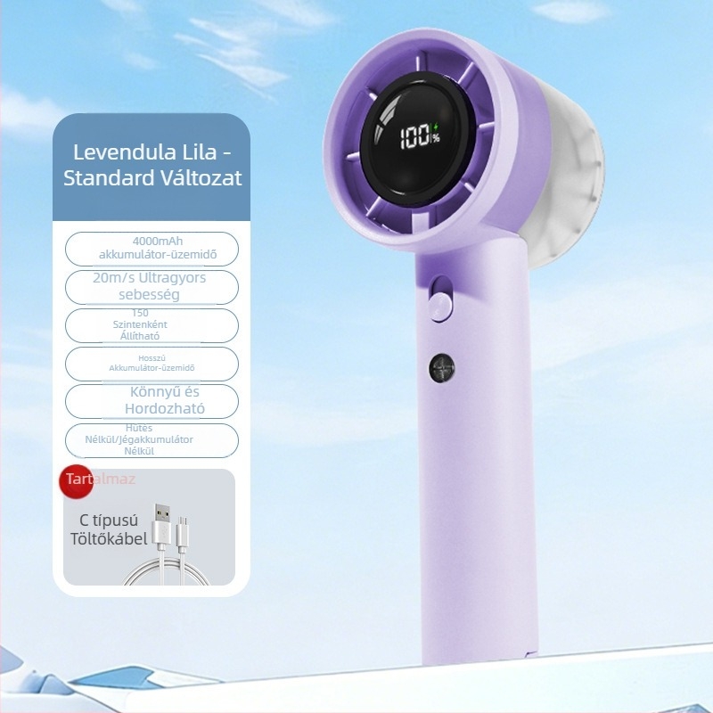 Mini kézi ventilátor, nagy sebességű turbina, 100 szintű lépcsőzetes szabályozás, beépített Li-ion akkumulátor 1200-2000 mAh, USB tápegység