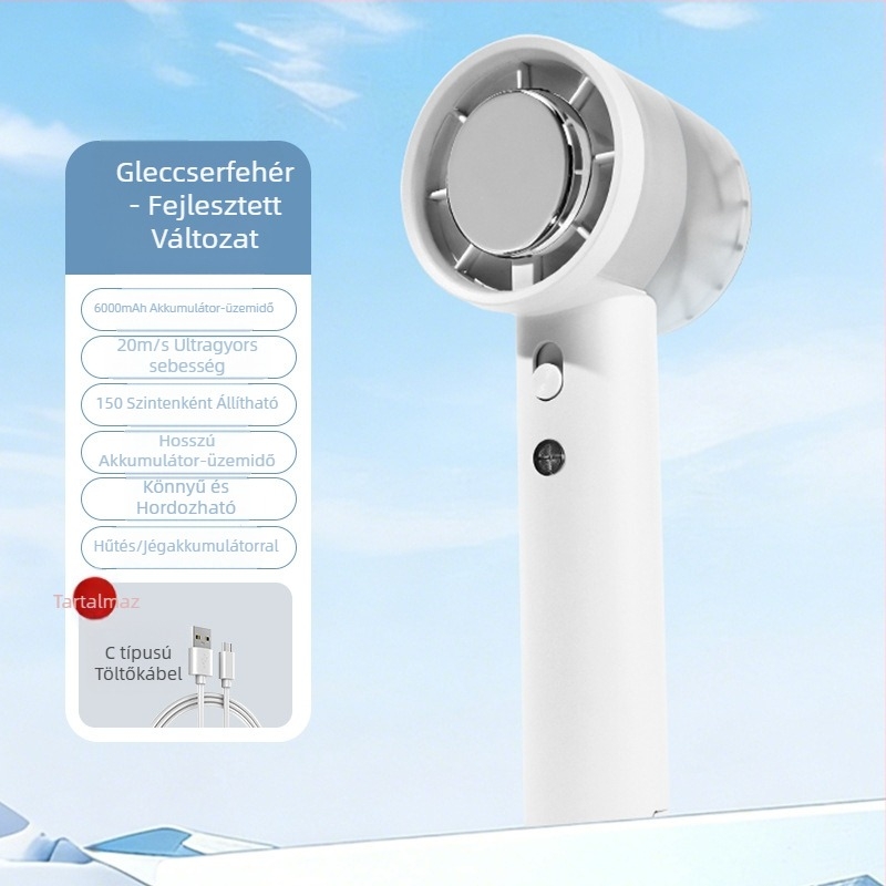 Mini kézi ventilátor, nagy sebességű turbina, 100 szintű lépcsőzetes szabályozás, beépített Li-ion akkumulátor 1200-2000 mAh, USB tápegység
