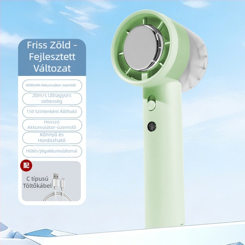 Mini kézi ventilátor, nagy sebességű turbina, 100 szintű lépcsőzetes szabályozás, beépített Li-ion akkumulátor 1200-2000 mAh, USB tápegység
