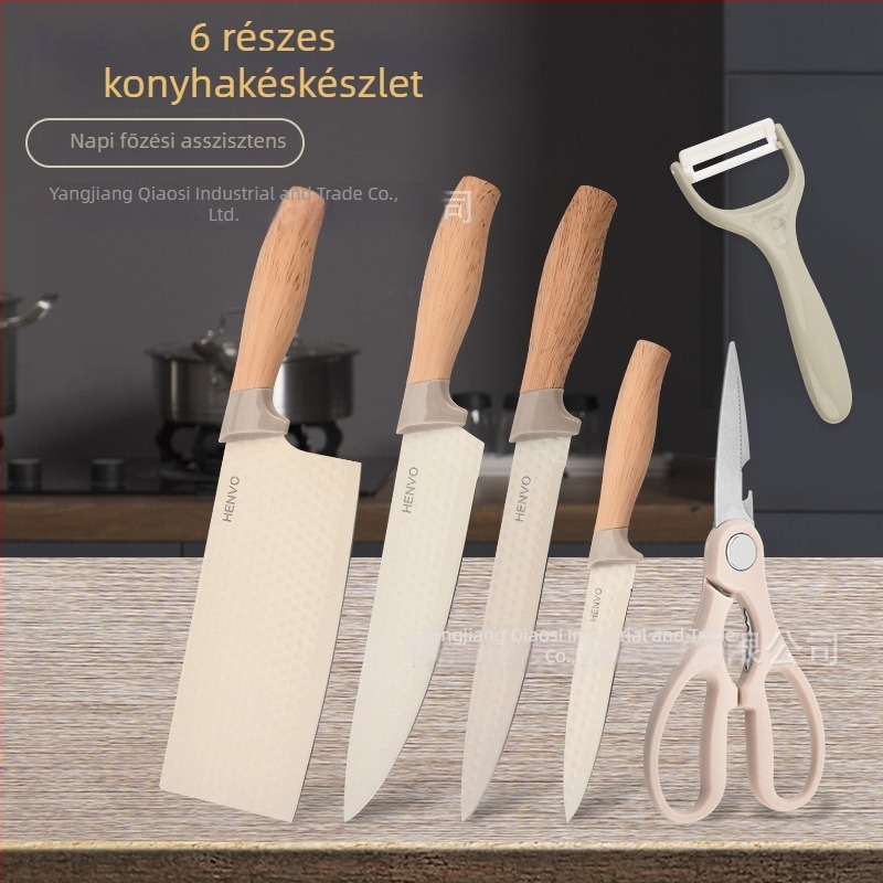 Rozsdamentes acél konyhai késkészlet, 6 darab, fa erezetes fogantyúval, khaki szín, hatszögletű gyémánt minta, penge vastagsága 1,2 cm, penge hossza 23 cm
