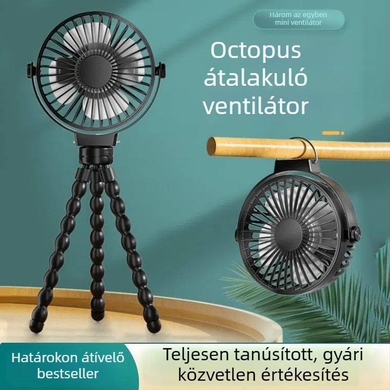 Oktopód alakú ventilátor beépített akkumulátorral, 3 sebesség, asztali és babakocsi használatra, USB hordozható ventilátor