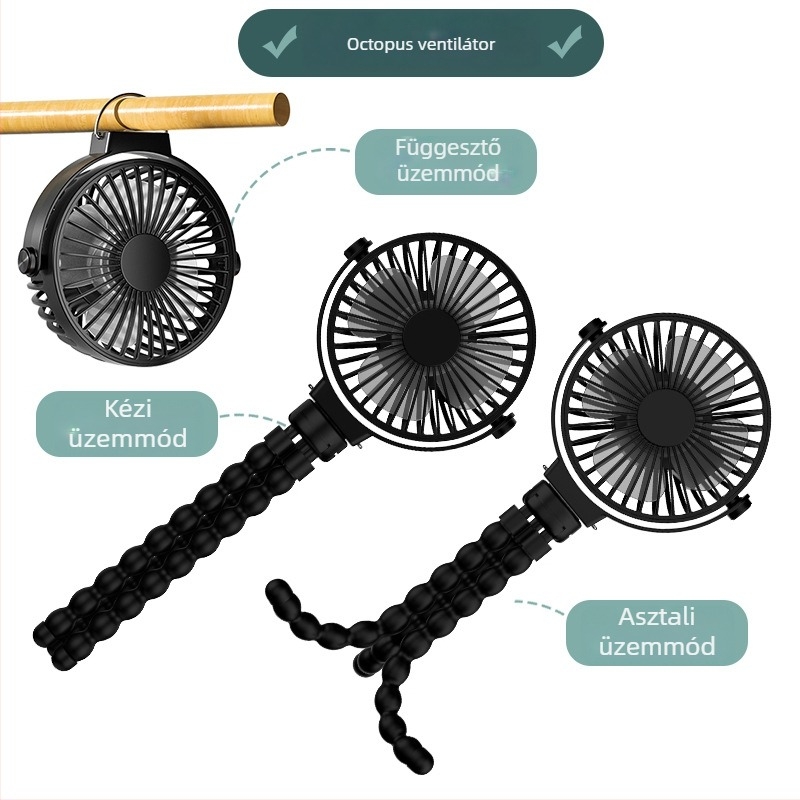 Oktopód alakú ventilátor beépített akkumulátorral, 3 sebesség, asztali és babakocsi használatra, USB hordozható ventilátor