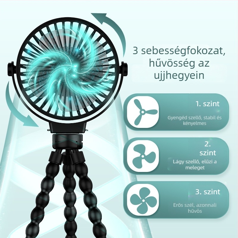 Oktopód alakú ventilátor beépített akkumulátorral, 3 sebesség, asztali és babakocsi használatra, USB hordozható ventilátor