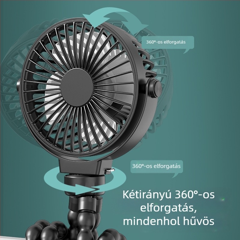 Oktopód alakú ventilátor beépített akkumulátorral, 3 sebesség, asztali és babakocsi használatra, USB hordozható ventilátor
