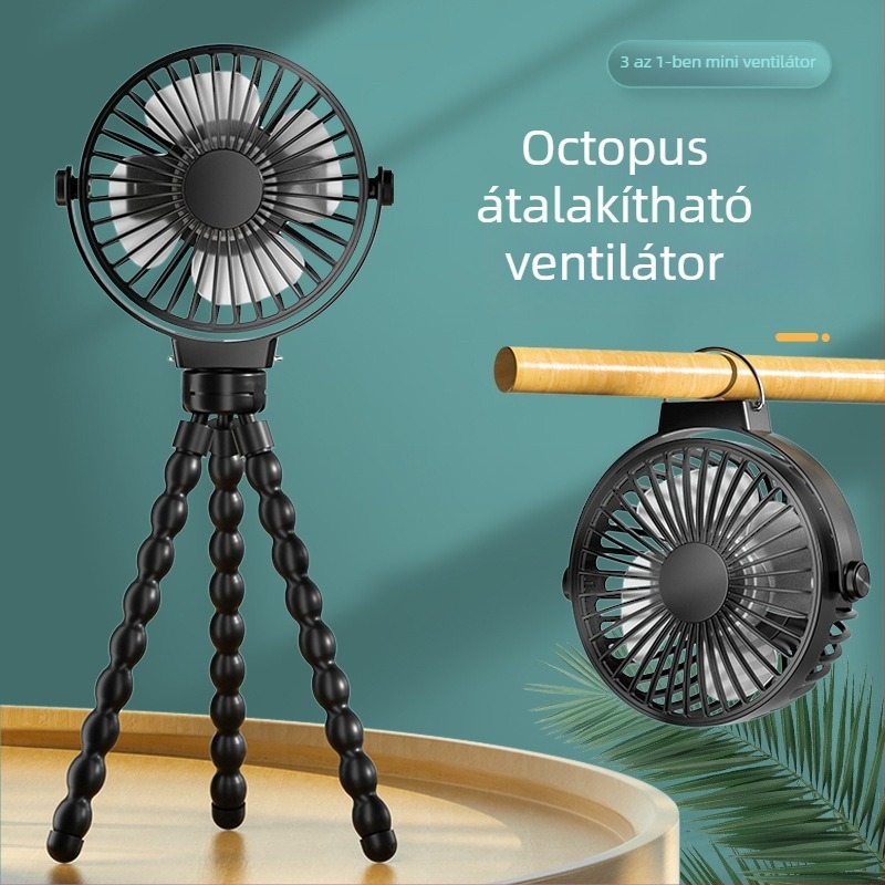 Oktopód alakú ventilátor beépített akkumulátorral, 3 sebesség, asztali és babakocsi használatra, USB hordozható ventilátor