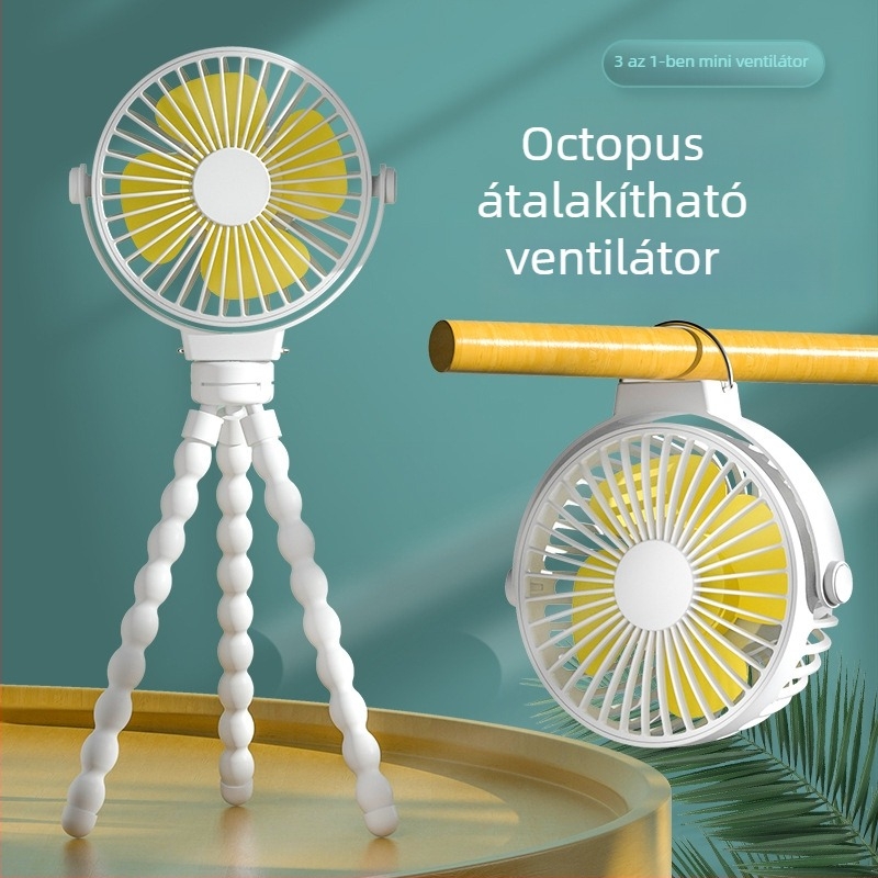 Oktopód alakú ventilátor beépített akkumulátorral, 3 sebesség, asztali és babakocsi használatra, USB hordozható ventilátor