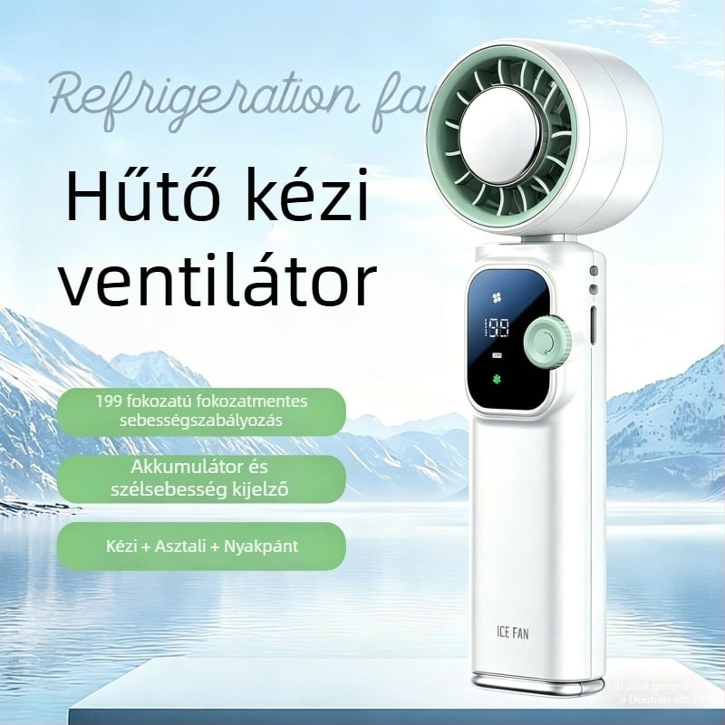USB-s ventilátor jéghűtéses, kézben tartható, összecsukható turbina alakú, kültéri mini ventilátor, 6 lapát, beépített 4000–6000 mAh akkumulátor, USB tápegység, csendes működés
