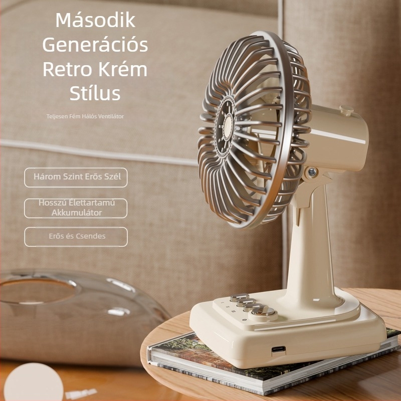 Retro krémszínű asztali ventilátor, újratölthető, kompakt, hordozható iroda- és otthoni használatra