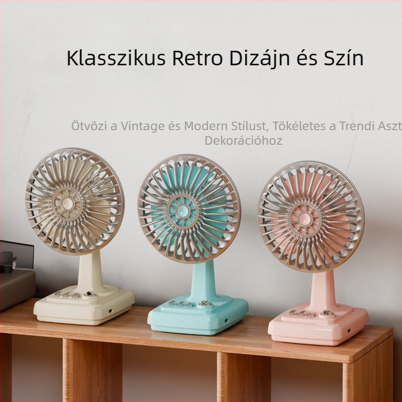 Retro krémszínű asztali ventilátor, újratölthető, kompakt, hordozható iroda- és otthoni használatra
