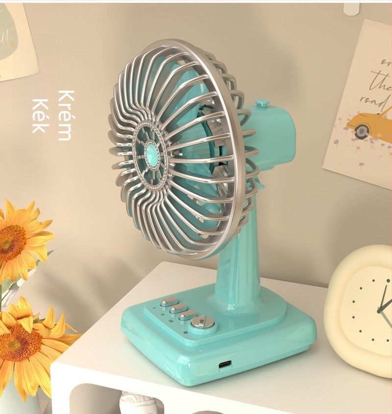 Retro krémszínű asztali ventilátor, újratölthető, kompakt, hordozható iroda- és otthoni használatra