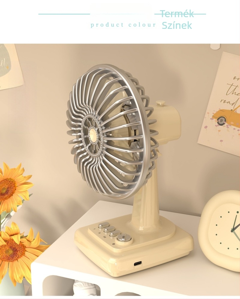 Retro krémszínű asztali ventilátor, újratölthető, kompakt, hordozható iroda- és otthoni használatra