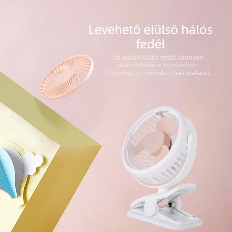 Mini USB-s asztali ventilátor kampóval, csendes, újratölthető, erőteljes légáram diákszobába
