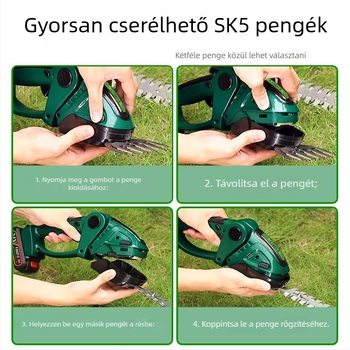 Tölthető kompakt kertészeti eszköz Li-ion akkumulátorral: sövénynyíró, metszőolló és fűkasza