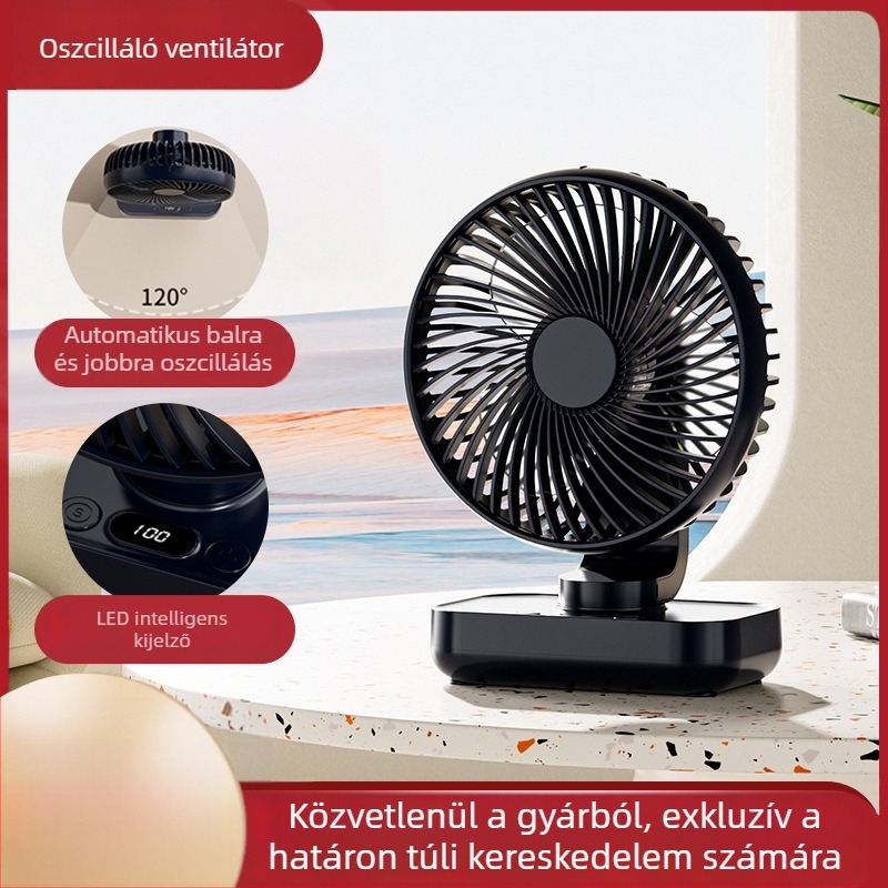 Asztali ventilátor fejforgással, kompakt USB-s mini ventilátor kollégiumi szobához, csendes működés, hosszú üzemidő