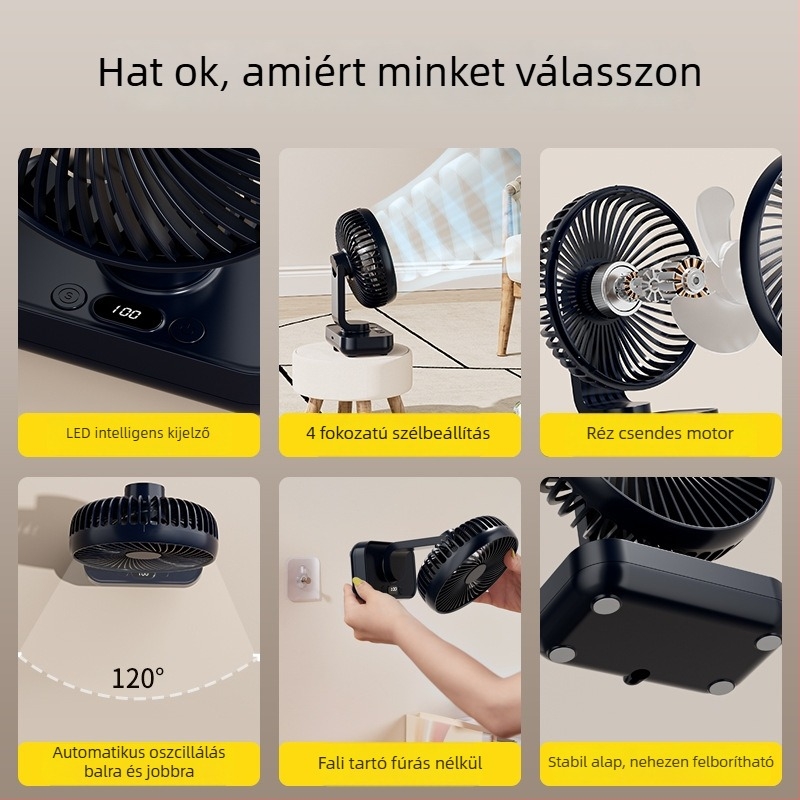 Asztali ventilátor fejforgással, kompakt USB-s mini ventilátor kollégiumi szobához, csendes működés, hosszú üzemidő