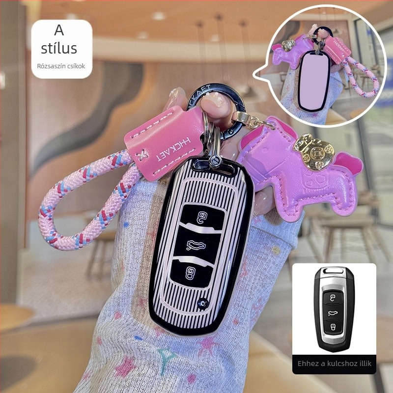 Geely kulcstartó tok fekete-fehér-rózsaszín csíkos mintával, Xingrui, Emgrand L, Jiaji, Haoyue modellekhez