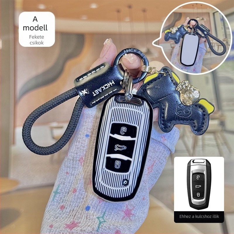 Geely kulcstartó tok fekete-fehér-rózsaszín csíkos mintával, Xingrui, Emgrand L, Jiaji, Haoyue modellekhez