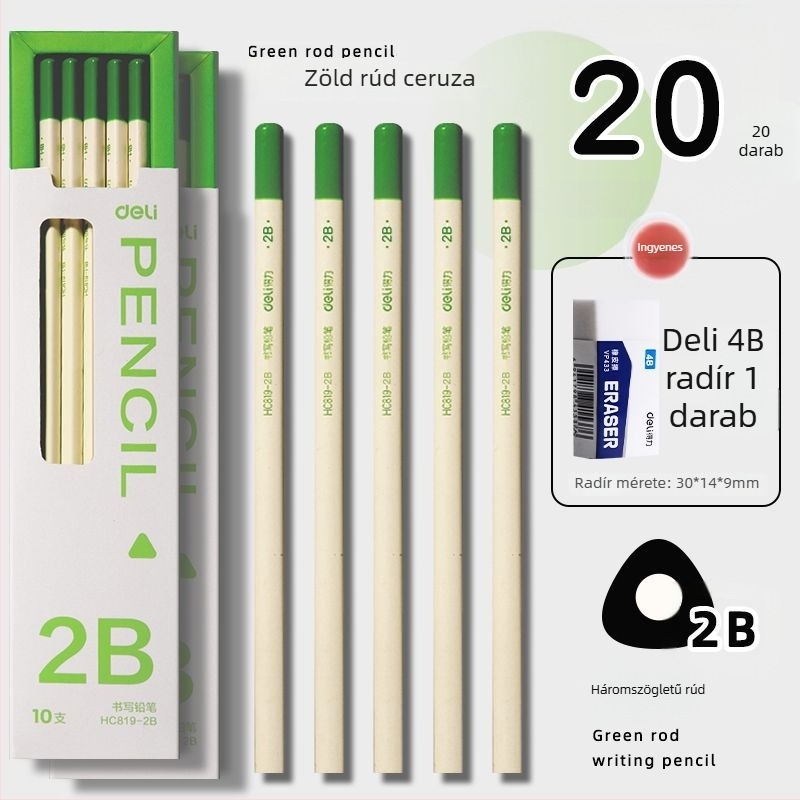 Deli háromszög alakú zöld HB/2B ceruza gyerekeknek, nem toxikus, törésálló, szemvédő, fa iskolai ceruza