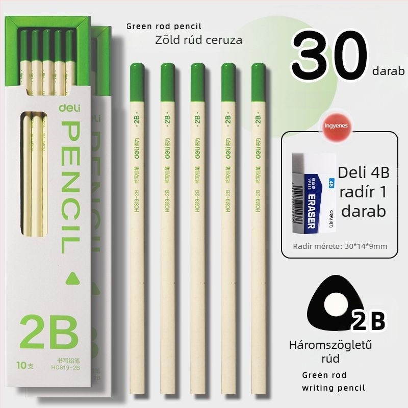 Deli háromszög alakú zöld HB/2B ceruza gyerekeknek, nem toxikus, törésálló, szemvédő, fa iskolai ceruza