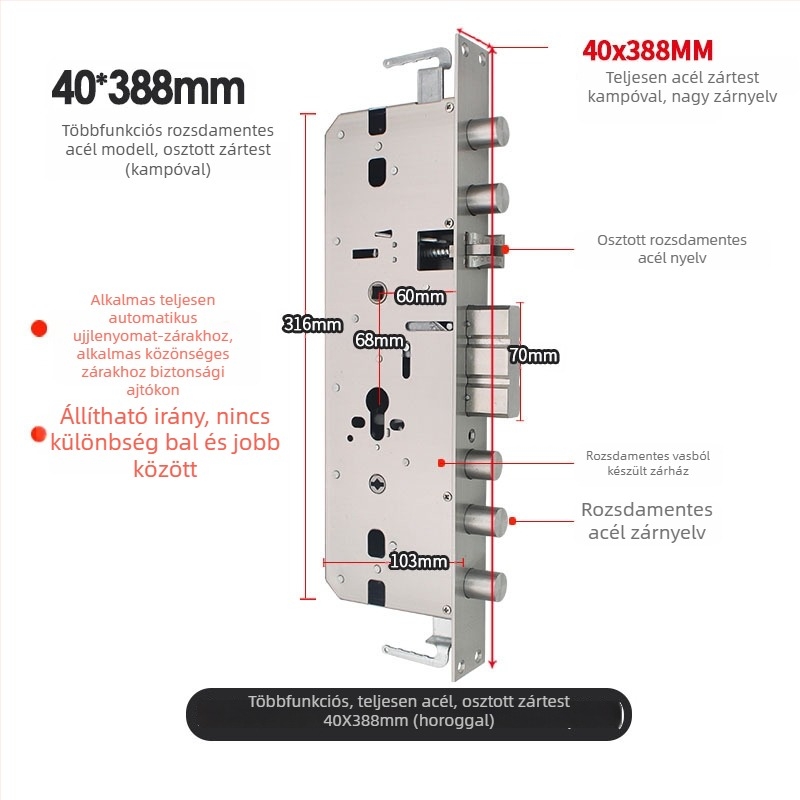 Készleten: multifunkcionális zártest rozsdamentes acélból, ujjlenyomat-zártest, teljes acél mechanikus ajtózár, 40×388 mm