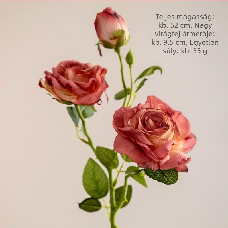 Két rózsa és egy levél, mesterséges száraz rózsákból készült csokor pirított szélekkel, nappali dekoráció, vintage őszi árnyalatok