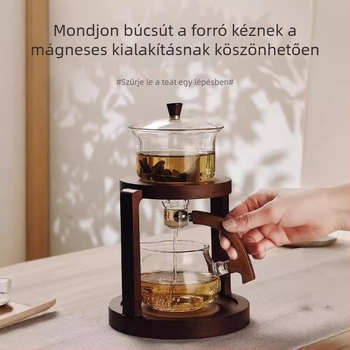 Üveg teáskészlet teljesen automata rendszerrel, irodába és otthonra, fa teás tálcával, 3–5 személy részére