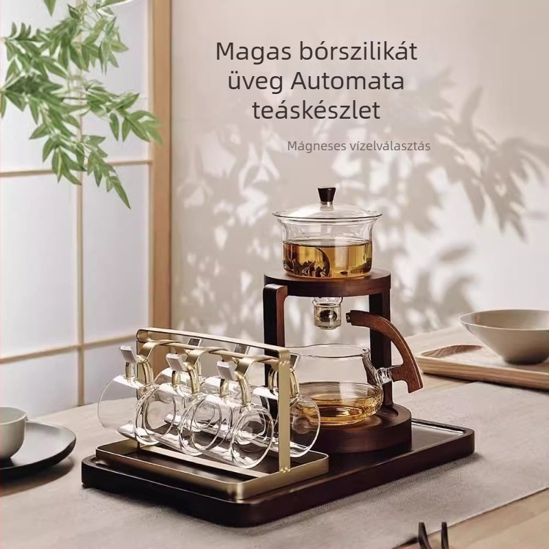 Üveg teáskészlet teljesen automata rendszerrel, irodába és otthonra, fa teás tálcával, 3–5 személy részére