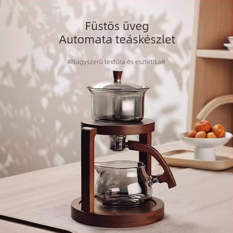 Üveg teáskészlet teljesen automata rendszerrel, irodába és otthonra, fa teás tálcával, 3–5 személy részére