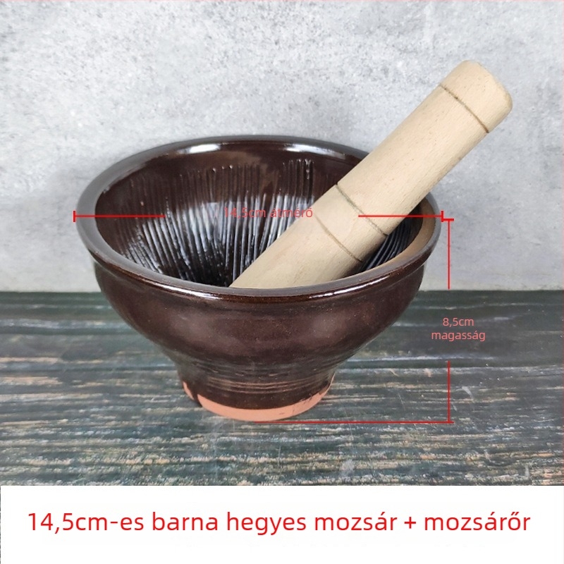 Agyagból készült mozsár és törő, extrán nagy méretű, otthoni használatra; alkalmas fokhagyma, csilipaprika, tea és rizspaszták őrlésére