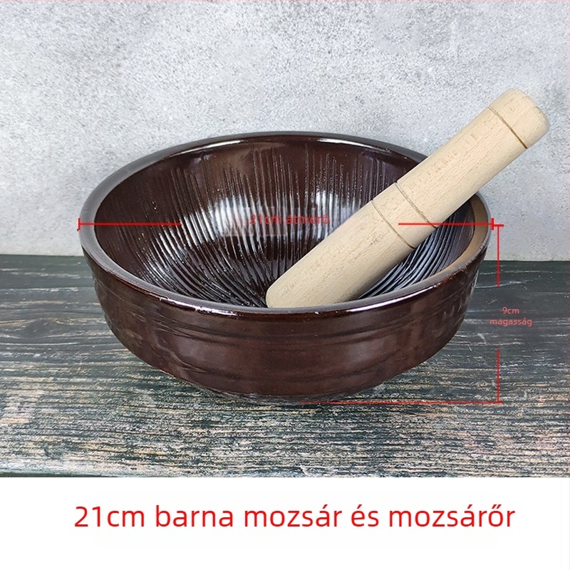 Agyagból készült mozsár és törő, extrán nagy méretű, otthoni használatra; alkalmas fokhagyma, csilipaprika, tea és rizspaszták őrlésére