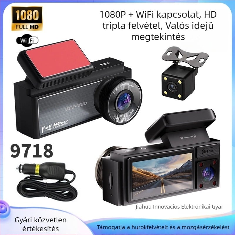 Háromobjektív autós dashcam, 360° látómező, éjjellátás, Wi-Fi, 1080p