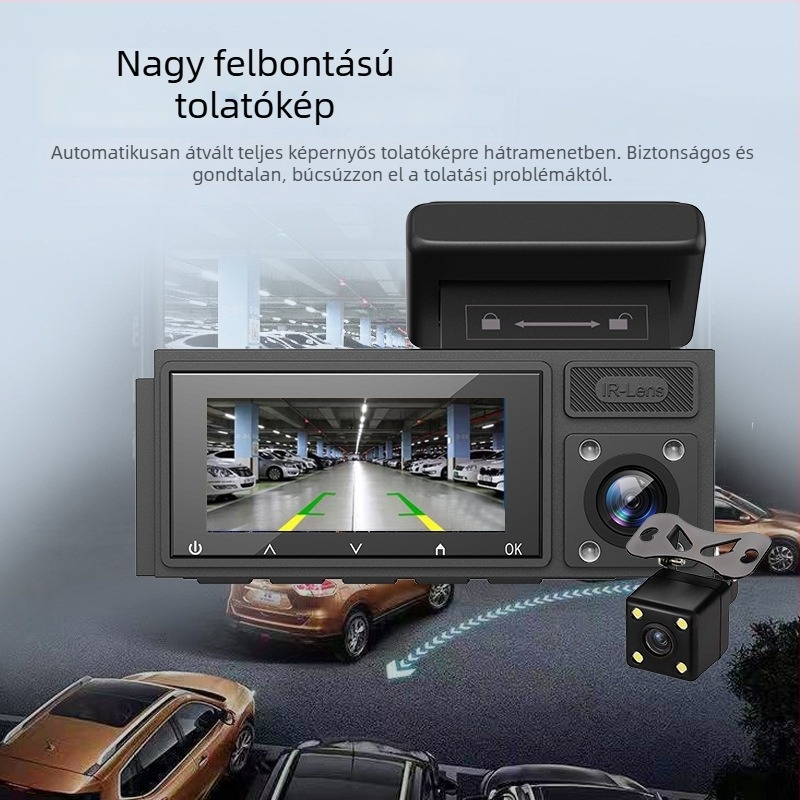 Háromobjektív autós dashcam, 360° látómező, éjjellátás, Wi-Fi, 1080p