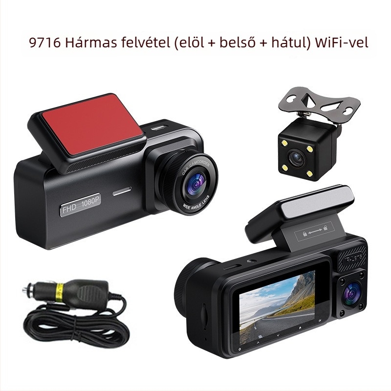 Háromobjektív autós dashcam, 360° látómező, éjjellátás, Wi-Fi, 1080p