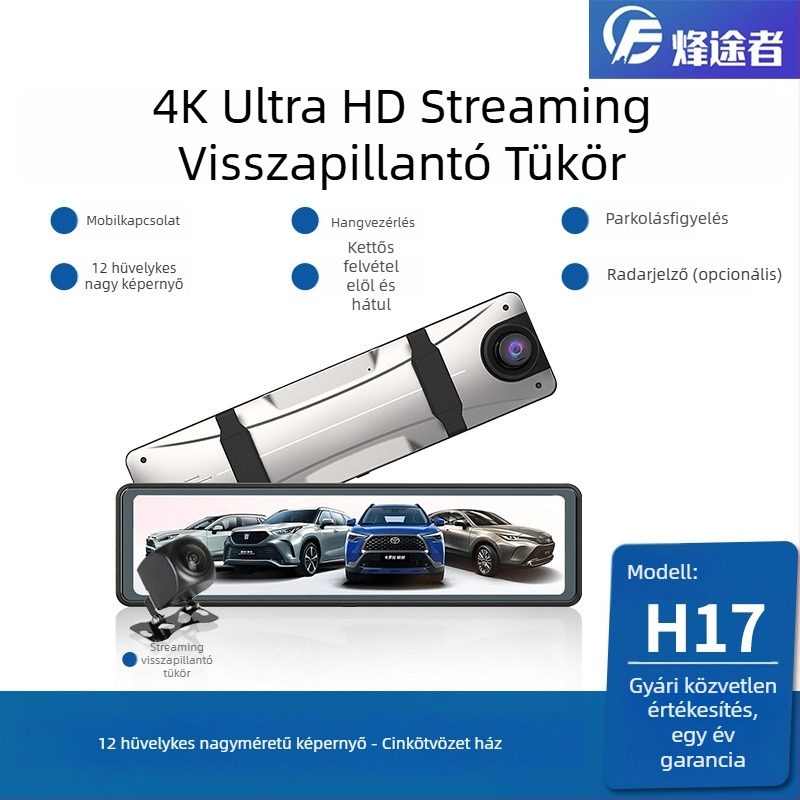 12 hüvelykes hátsó tükrös dash cam kettős lencsével, 4K Ultra HD, Wi‑Fi, éjszakai látás, GPS, felvétel előre és hátra