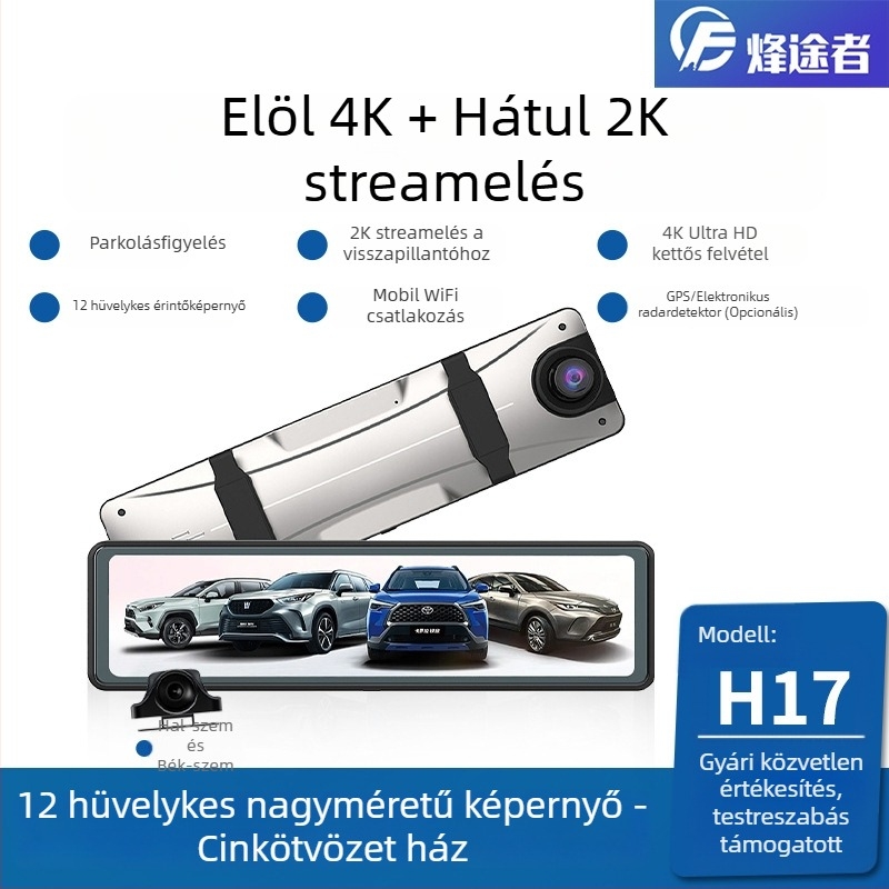 12 hüvelykes hátsó tükrös dash cam kettős lencsével, 4K Ultra HD, Wi‑Fi, éjszakai látás, GPS, felvétel előre és hátra