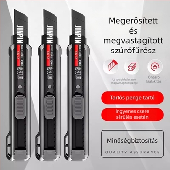 Fekete, nehéz kivitelű többfunkciós vágókés papírvágáshoz, csomagolások felnyitásához és tapétavágáshoz, éles és tartós