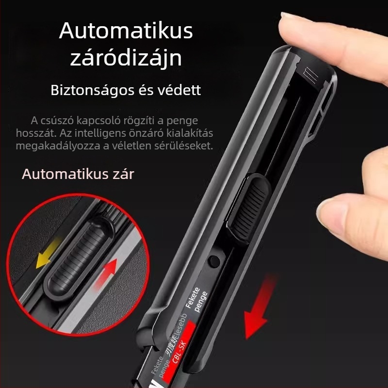Fekete, nehéz kivitelű többfunkciós vágókés papírvágáshoz, csomagolások felnyitásához és tapétavágáshoz, éles és tartós